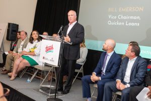 Bill Emerson addresses the crowd at the Teach 313 press conference