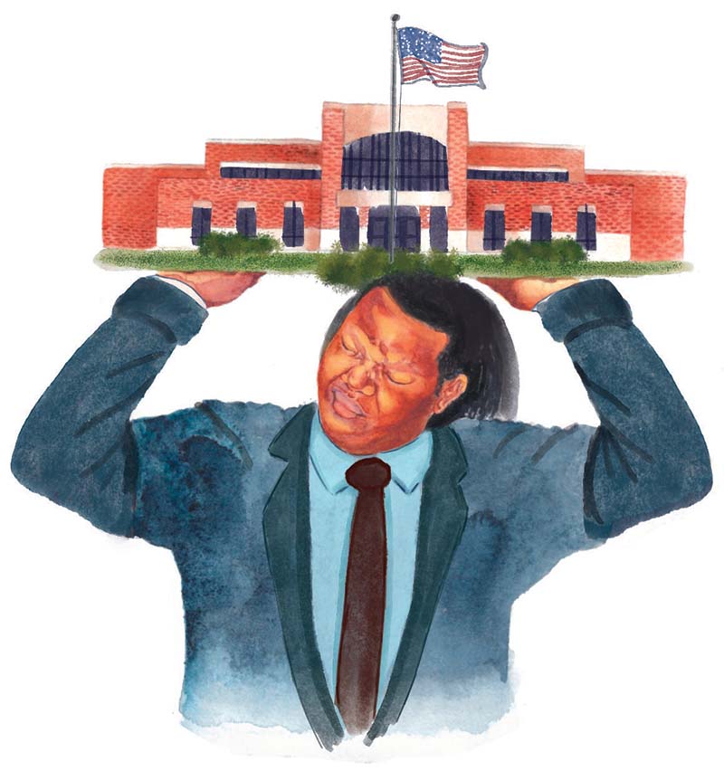 An illustration of a man holding up a school building above his head.