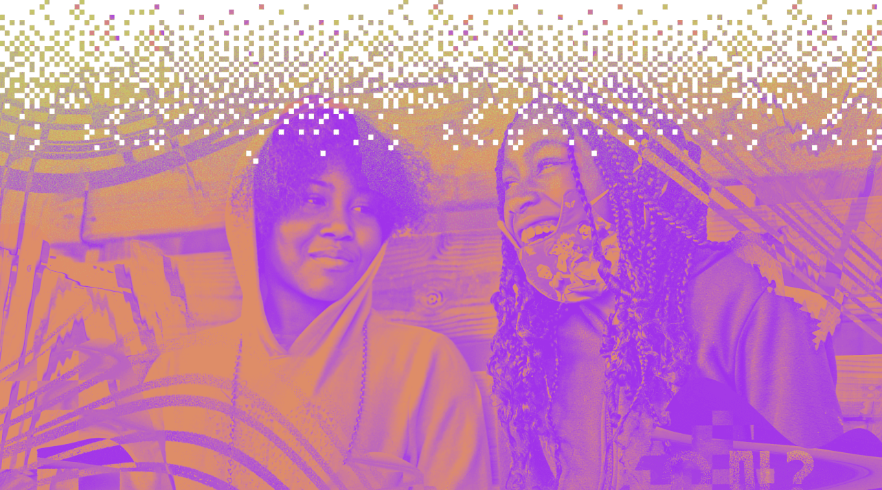A stylized image of two young girls smiling at each other, including purple and orange swirls with pixelated edges
