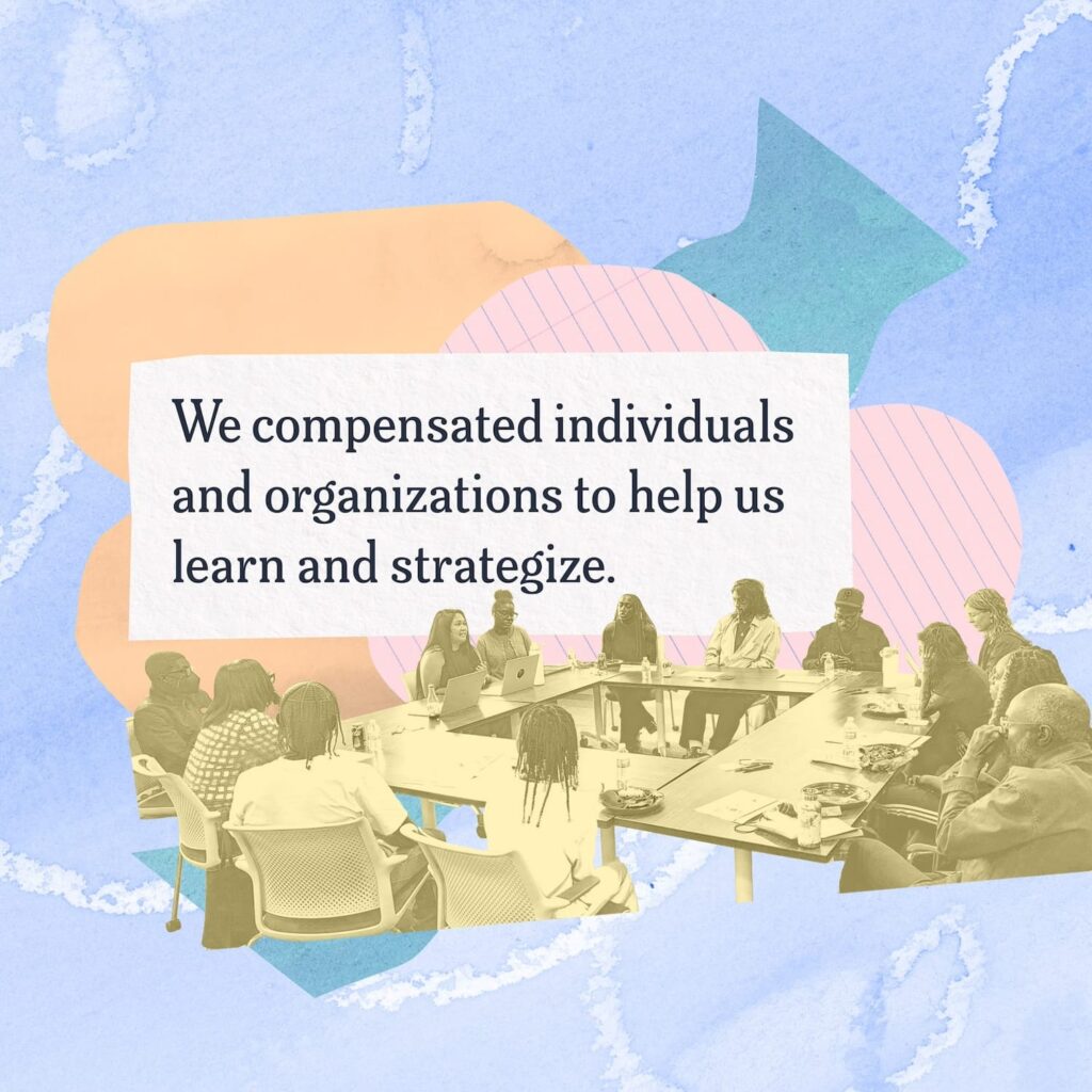 A collage including an image of many people at a conference table, abstract shapes of colorful paper, and text that reads "We compensated individuals and organizations to help us learn and strategize."