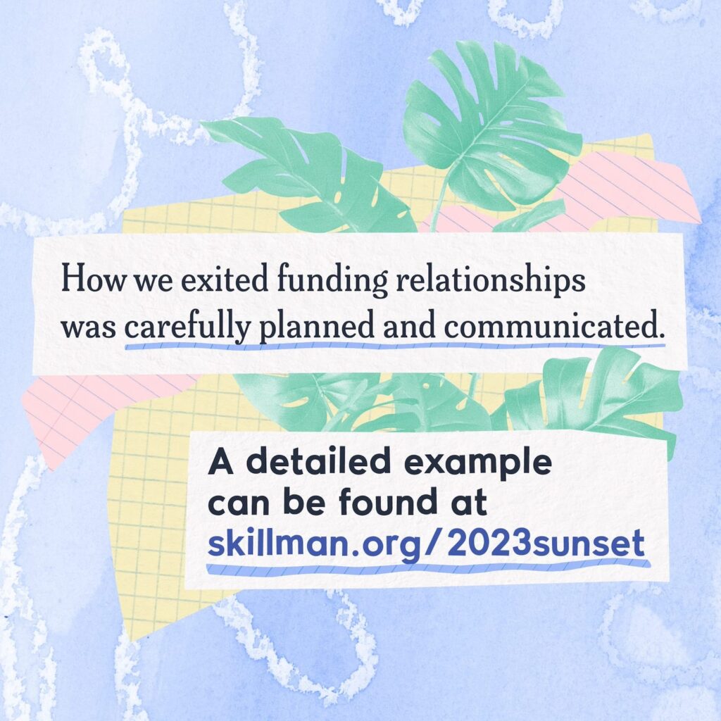A collage including images of colorful lined paper and abstract shapes, lush leaves, and text that reads "How we exited funding relationships was carefully planned and communicated. A detailed example can be round at skillman.org/2023sunset."